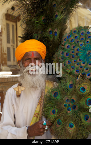Ritratto peacock feather venditore Jaisalmer Western Rajasthan in India Foto Stock