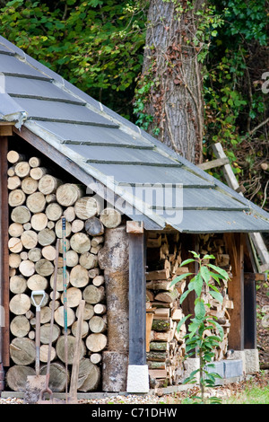 Legnaia piena di tronchi pronti per l'inverno Foto Stock