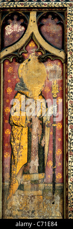 Cawston, Norfolk, rood screen gate. San Gregorio uno dei quattro paesi latino-Dottori della Chiesa. Gregorio il volto e il nome cancellato Foto Stock