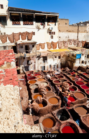 Chouwara tradizionale in pelle di conceria vecchio Fez, tini per la concia e tintura di cuoio Cuoi e pelli, Fez, in Marocco, Africa del Nord Foto Stock