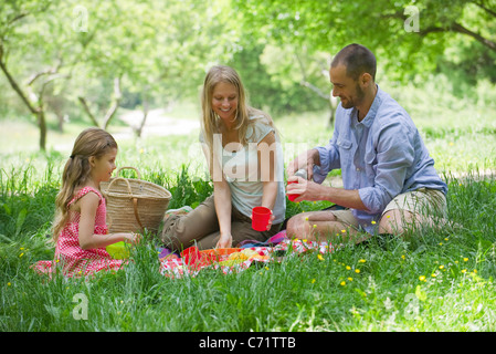 Famiglia godendo picnic all'aperto Foto Stock