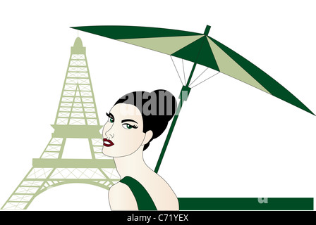 Illustrazione di una donna francese presso la Torre Eiffel Foto Stock