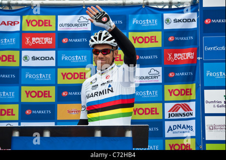 World Road Champion Race, Thor HUSHOVD al 2011 Tour della Gran Bretagna uno stadio a Peebles, Scottish Borders Foto Stock