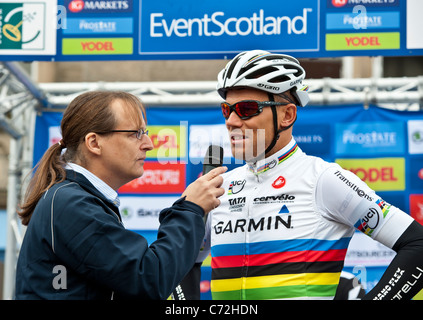 World Road Champion Race, Thor HUSHOVD al 2011 Tour della Gran Bretagna uno stadio a Peebles, Scottish Borders Foto Stock