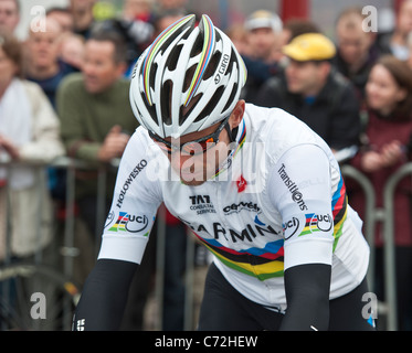 World Road Champion Race, Thor HUSHOVD al 2011 Tour della Gran Bretagna uno stadio a Peebles, Scottish Borders Foto Stock