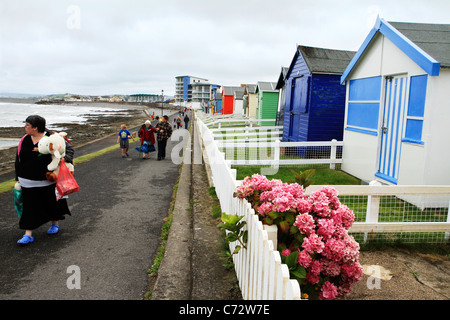 I vacanzieri e cabine sulla spiaggia, sul lungomare di Condino, North Devon Regno Unito Foto Stock