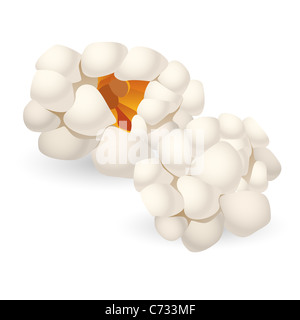 Due singoli pezzi di isolato di popcorn. Immagine su sfondo bianco Foto Stock
