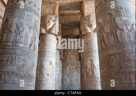 Le colonne all'interno di un antico tempio Egizio coperti in geroglifico sculture e dipinti Foto Stock