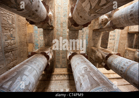 Le colonne all'interno di un antico tempio Egizio coperti in geroglifico sculture e dipinti Foto Stock