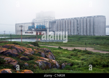 I silos di grano e gli ascensori presso la struttura di trasporto al porto di Churchill, sulla Hudson Bay nell'Oceano Artico, nel nord di Manitoba, Canada. Foto Stock