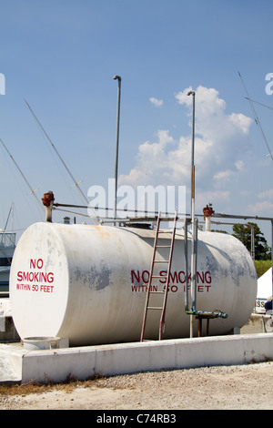 Al di sopra del suolo del serbatoio del carburante collocato in corrispondenza di una imbarcazione marina con no smoking dipinta su entrambi i lati. Foto Stock