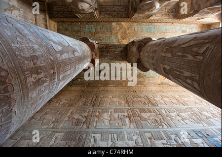 Le colonne all'interno di un antico tempio Egizio coperti in geroglifico sculture e dipinti Foto Stock