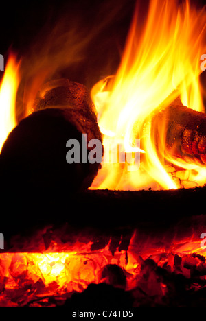 Tronchi che bruciano in una buca di fuoco in una notte fredda o fuori campeggio Foto Stock