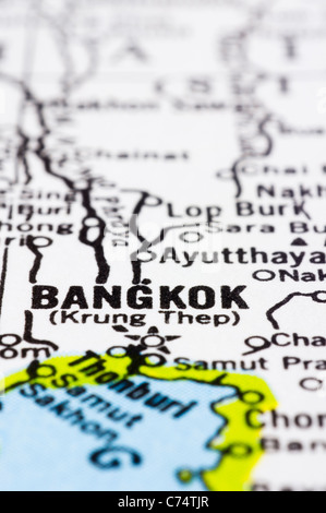 Un'immagine ravvicinata di Bangkok sulla mappa, capitale della Thailandia. Foto Stock