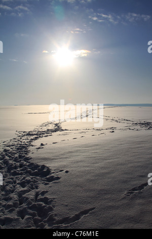 Snowscene con il blu del cielo e le orme cercando in sun. Foto Stock