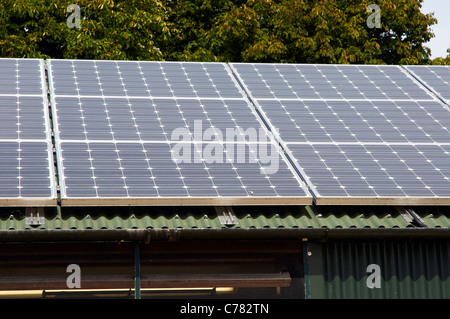 Pannelli solari fotovoltaici sul tetto di un eco-building Foto Stock