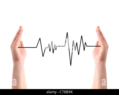 Una frequenza cardiaca linea tra due mani Foto Stock