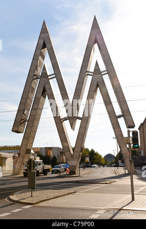 La MM logo pubblicitario per il campione di Lipsia fiera presso la vecchia Fiera di Lipsia, in Sassonia, Germania, Europa Foto Stock