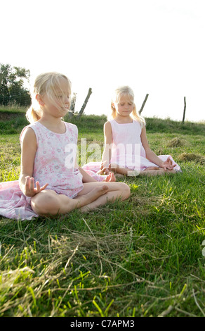 Ritratto di due amiche a praticare yoga in estate, Eyendorf, Bassa Sassonia, Germania, Europa Foto Stock