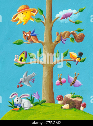 Illustrazione in acrilico di happy tree in estate Foto Stock