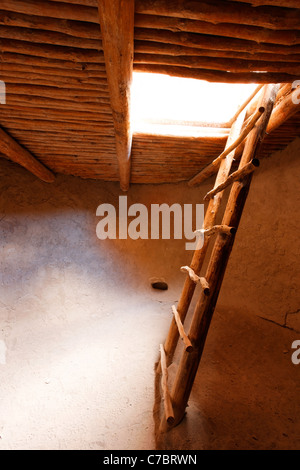 Scaletta di legno e interno dell'Alcova House, Bandelier National Monument, Nuovo Messico, STATI UNITI D'AMERICA Foto Stock