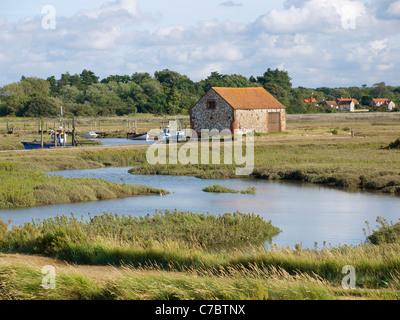 Thornham villaggio con il vecchio fienile di carbone visto dalla Holme Riserva Naturale Norfolk nella luce della sera Foto Stock