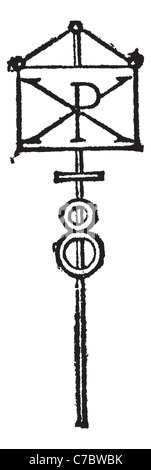 Labarum o Chi-Rho simbolo di Cristo incisione vintage. Vecchie illustrazioni incise di Chi-Rho simbolo per Cristo isolato su bianco Foto Stock