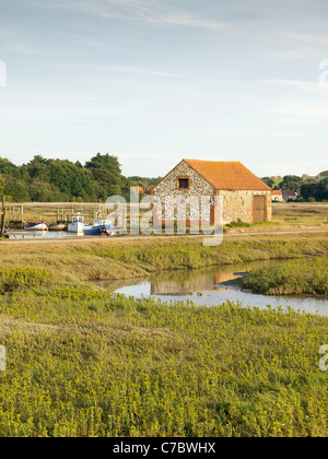 Thornham villaggio con il vecchio fienile di carbone visto dalla Holme Riserva Naturale Norfolk nella luce della sera Foto Stock