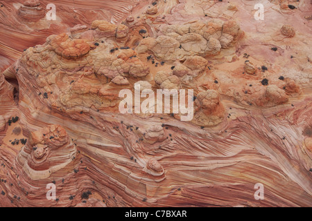 VISTA AEREA. Scenografica arenaria rossastra formazione di strati e tumuli. Vermilion Cliffs National Monument, Coconino County, Arizona, USA. Foto Stock