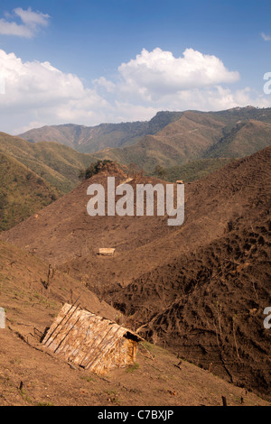 India, Nagaland, Mon, colline disboscate e capanna di Konyak Naga slash e masterizzare agricoltura vicino al confine birmano Foto Stock