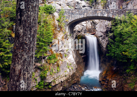 Ponte su Christine Falls, Van Trump Creek, il Parco Nazionale del Monte Rainier, Washington, Stati Uniti d'America Foto Stock