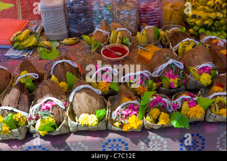 Piccoli cestini con fiori e noci di cocco venduti ai pellegrini Indù come offerta di fronte al tempio di Rameswaram, India. Foto Stock