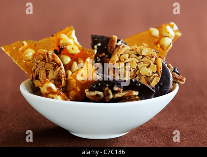 Nocciola fragile, Fiorentini di mandorle e cioccolato di corteccia di noci pecan in una ciotola, dal pasticcere laurie pfalzer, pasticceria artigianale Foto Stock