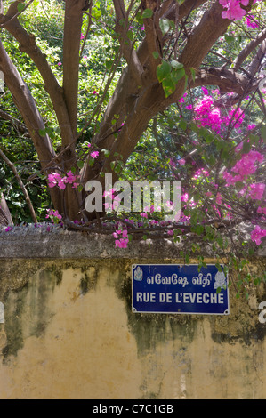 Una strada francese di Pondicherry (Puducherry), Tamil Nadu, India. Foto Stock