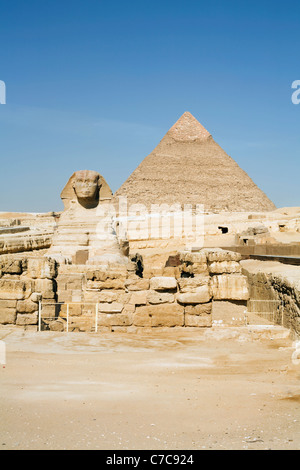 La Grande Sfinge e la piramide di Khafre all'Altopiano di Giza a Il Cairo, Egitto Foto Stock