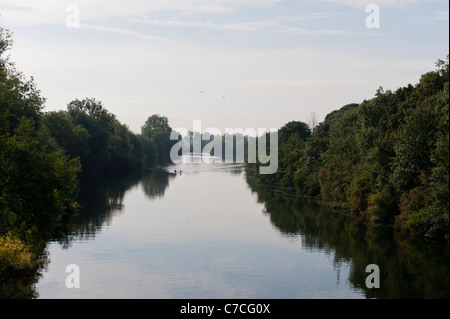 I canottieri lungo il fiume Tamigi, vista aerea, vicino a Henley, Berkshire, Regno Unito Foto Stock