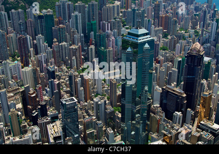 Vista dal tetto di IFC 2, guardando verso il basso al centro e negli edifici di centrale, Soho e Sheung Wan. Foto Stock