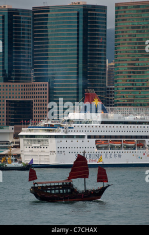 Il Aqua Luna junk vele davanti a una grande nave da crociera nel Porto Victoria. Foto Stock