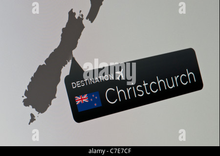 Un close-up di un display di computer che indica la posizione di Christchurch International Airport, Nuova Zelanda. Foto Stock