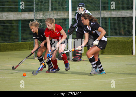 Hockey Femminile i giocatori in azione su un astro turf pitch Foto Stock