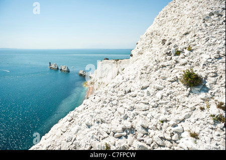 Gli aghi, faro e chalk cliffs, Isle of Wight, Regno Unito Foto Stock