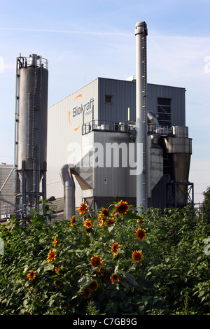 Impianto energetico a biomassa. Brucia rifiuti di legno per riscaldare acqua, per il funzionamento di una turbina a vapore, per generare energia elettrica. Foto Stock