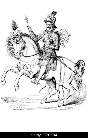 Enrico IV Re di Francia Navarra sovrano borbone dinastia Capetian Huguenot guerre di religione trono equitazione giri a cavallo Foto Stock