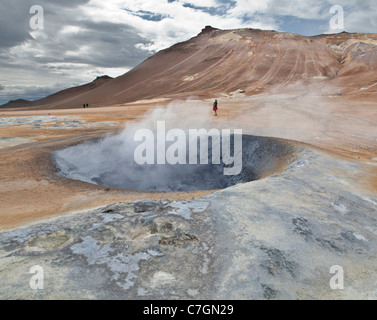 Il fango pentola vapore nella zona geotermica, Namaskard, Islanda Foto Stock