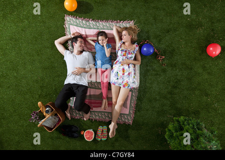 Una famiglia avente un picnic nel parco, vista aerea Foto Stock