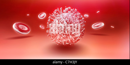 Influenza delle particelle di virus circondato da alcuni floating cellule rosse del sangue Foto Stock