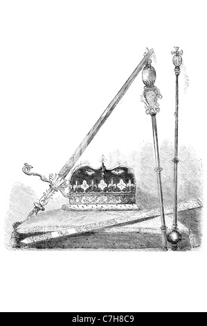 Gli onori della Scozia Scottish regalia i Gioielli della Corona scettro spada di stato crest Royal coat arms red lion re di Scozia Foto Stock