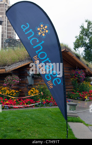 Centro Informazioni visitatori con il cartello indicante "Big ancoraggio Wild Life', Anchorage in Alaska,, Stati Uniti d'America Foto Stock