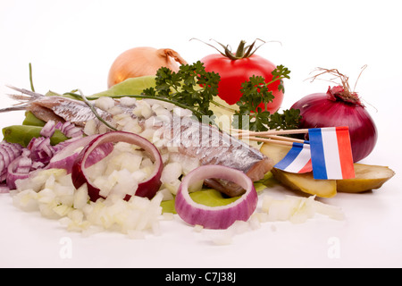 In tipico stile olandese le aringhe salate chiamato maatje o zoute haring Foto Stock