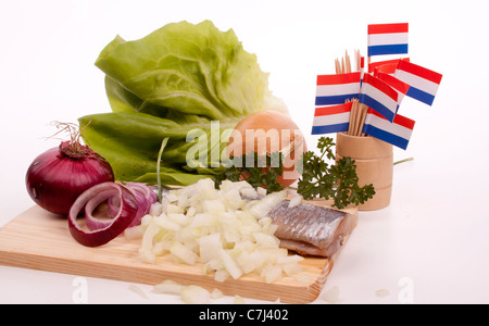 In tipico stile olandese le aringhe salate chiamato maatje o zoute haring Foto Stock